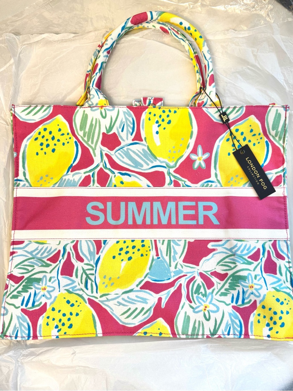 London Fog Pink & Yellow Lemon Print Tote